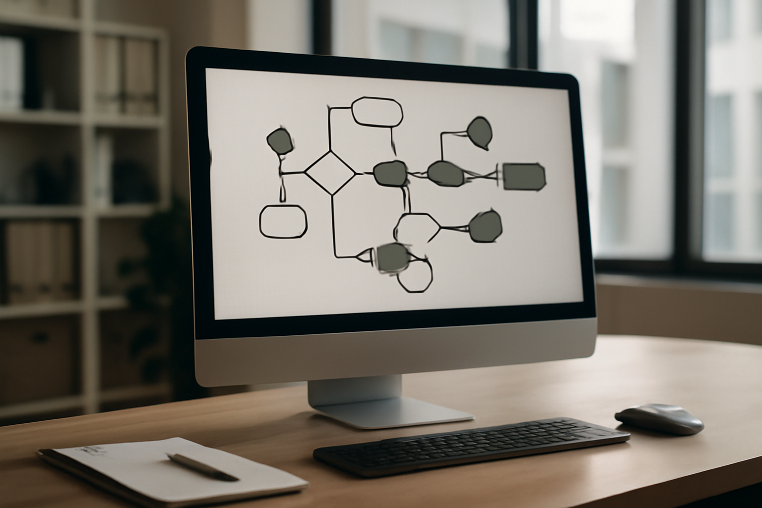 Illustration d'une interface de programmation visuelle no-code avec des flux de données et des symboles représentant la collecte et traitement éthique de données sur un ordinateur professionnel.