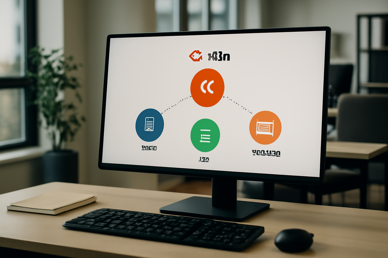 Illustration d'un système d'automatisation API multi-applications avec n8n, montrant des flux de données entre CRM, ERP et une plateforme de ticketing dans un environnement de bureau moderne.