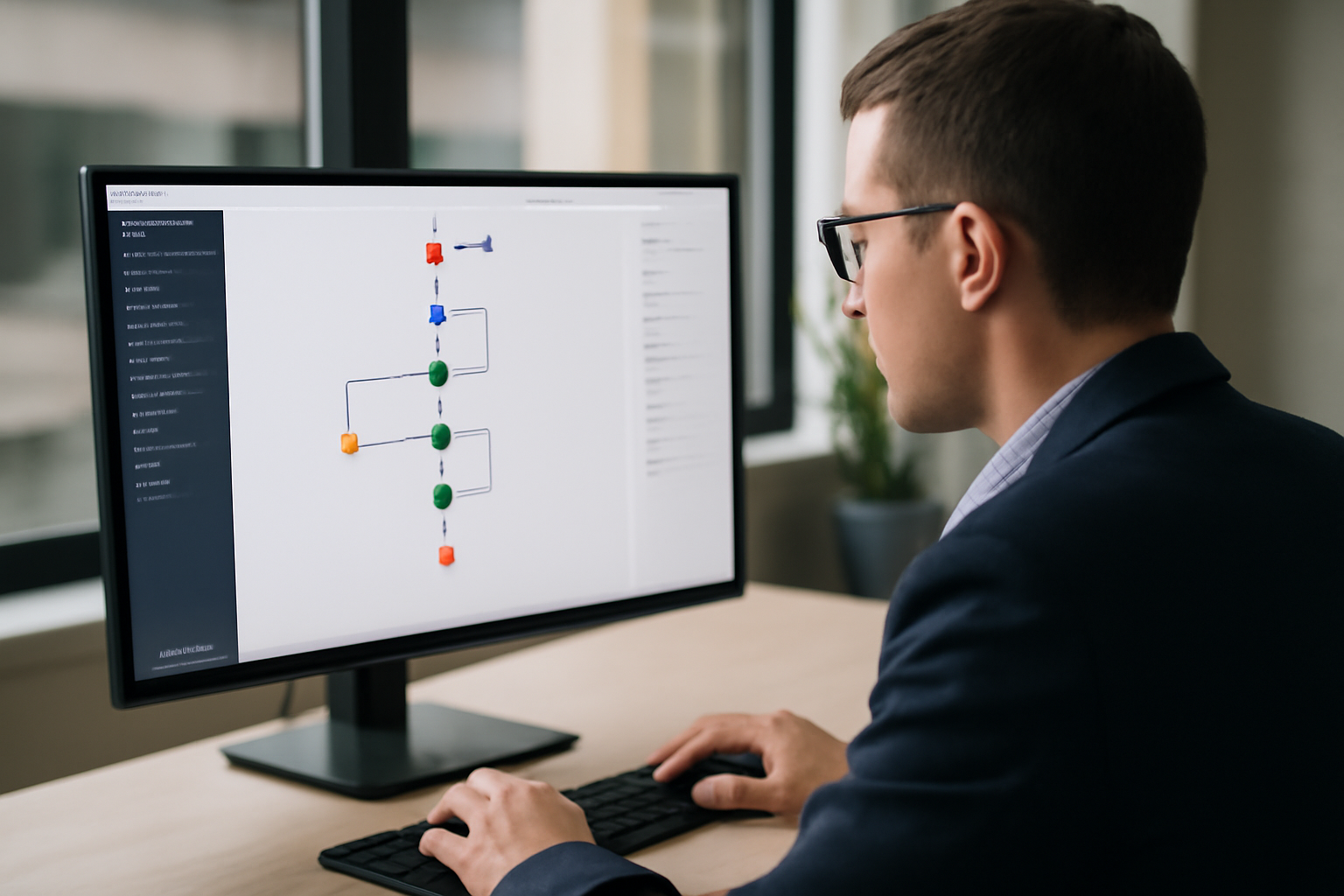 Capture visuelle d'un professionnel utilisant n8n pour automatiser la synchronisation des données entre diverses applications métiers sur un écran d'ordinateur dans un cadre de bureau moderne.