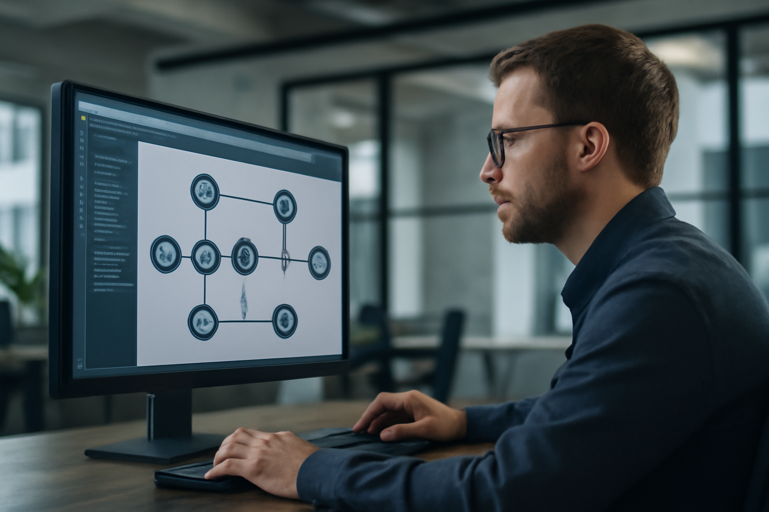 Un professionnel IT utilisant une interface graphique pour orchestrer des workflows automatisés entre plusieurs applications et APIs.
