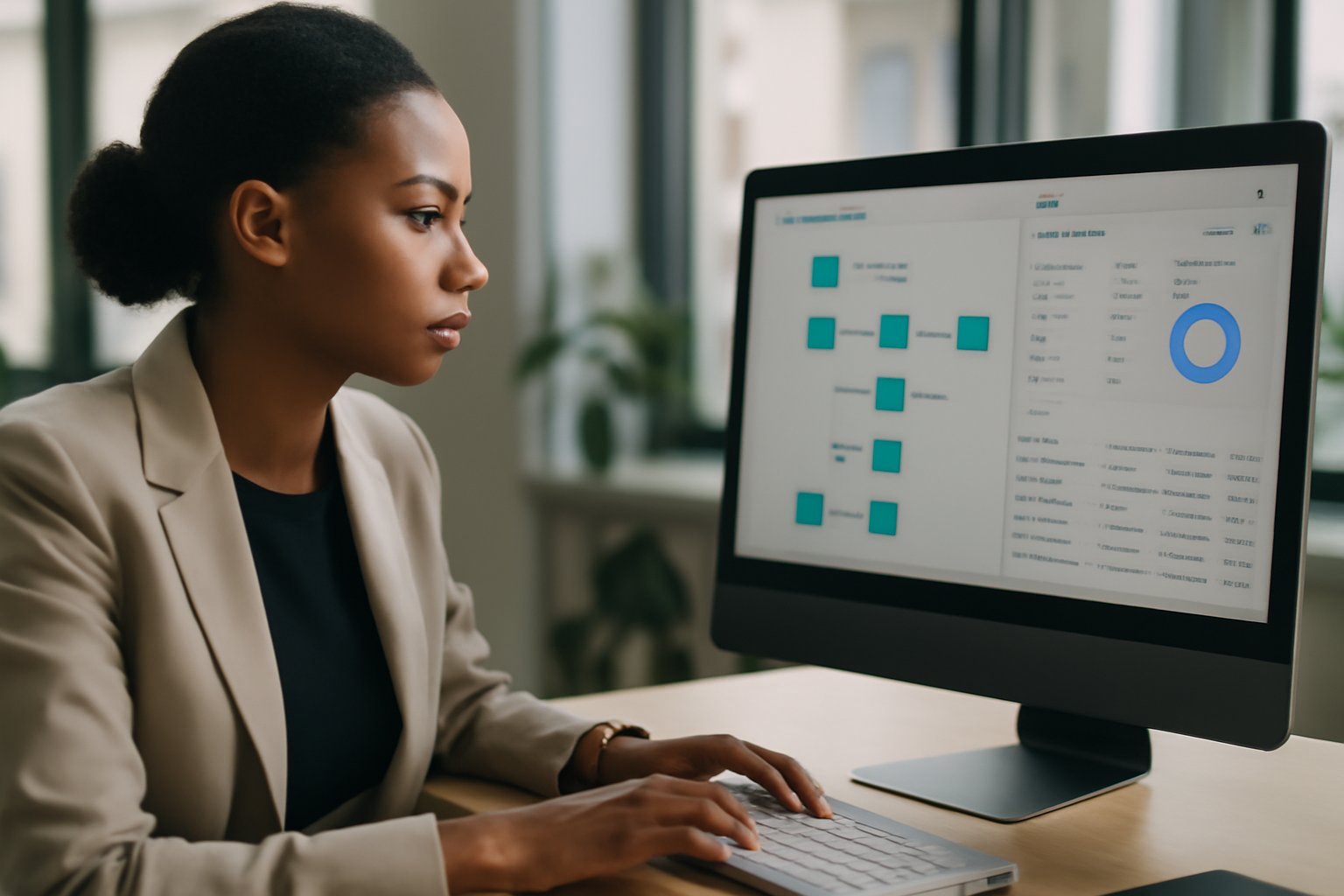 Un bureau avec un professionnel travaillant sur un ordinateur affichant des diagrammes de flux d'automatisation et des données CRM.