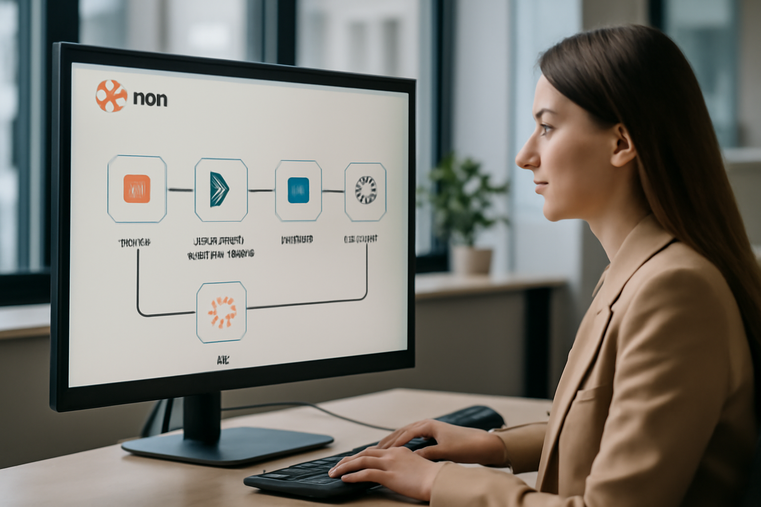 Un écran d'ordinateur montrant un workflow d'automatisation de données CRM via n8n, avec des logos d'APIs et d'intelligence artificielle, dans un bureau moderne et lumineux.