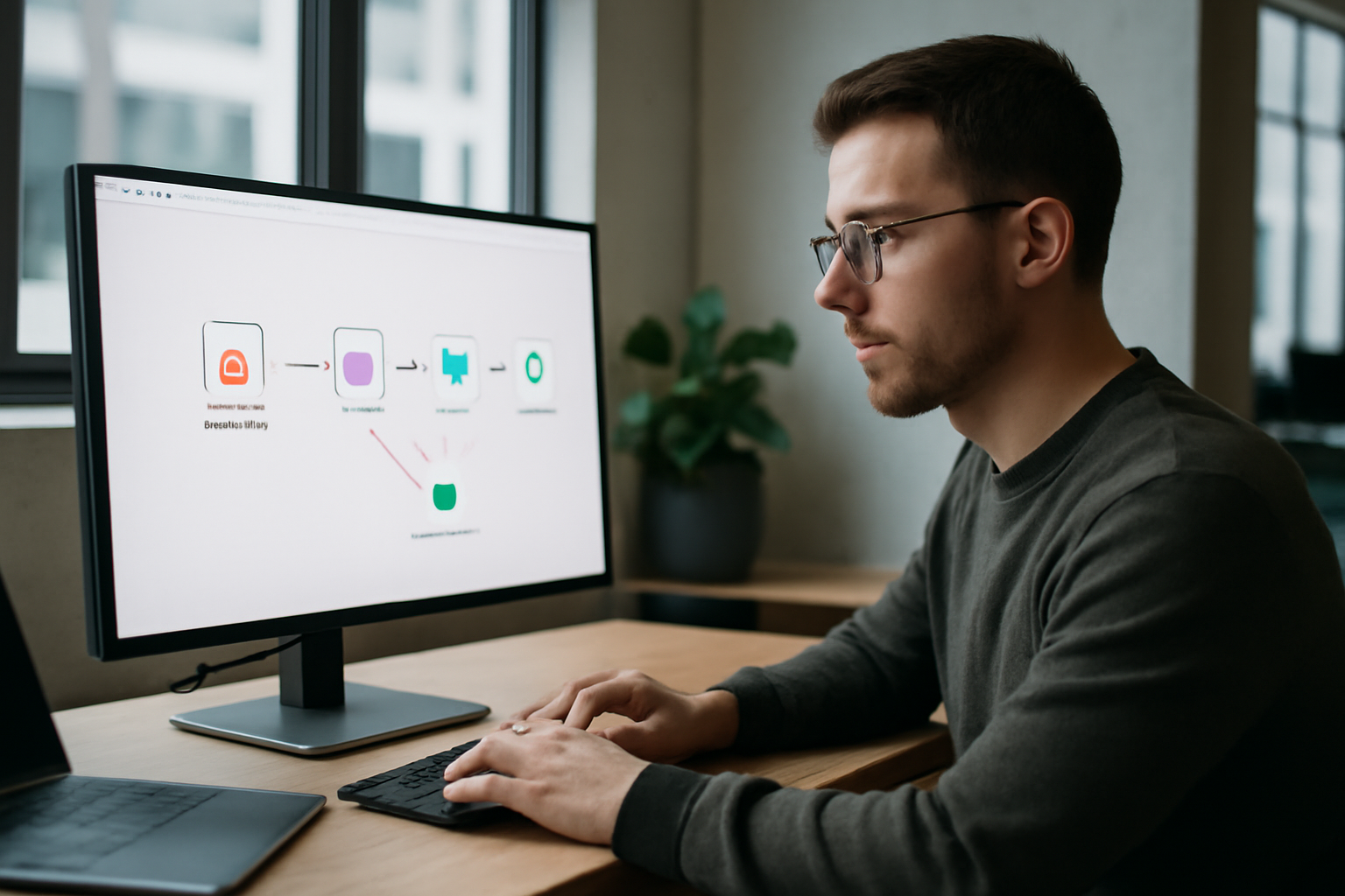 Image illustrant un expert IT travaillant sur des workflows d'automatisation de tickets de support via n8n et intelligence artificielle, dans un bureau moderne.