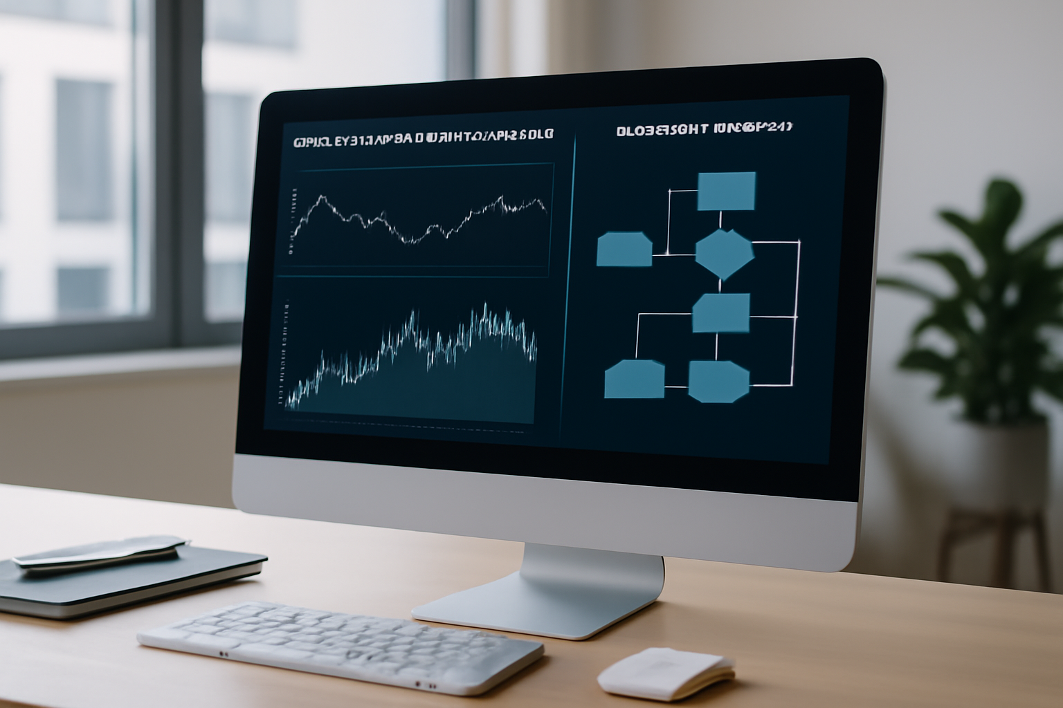 Illustration informatique d'un ordinateur affichant des graphiques de données et des flux de travail automatisés liés à l'analyse prédictive sur un bureau moderne