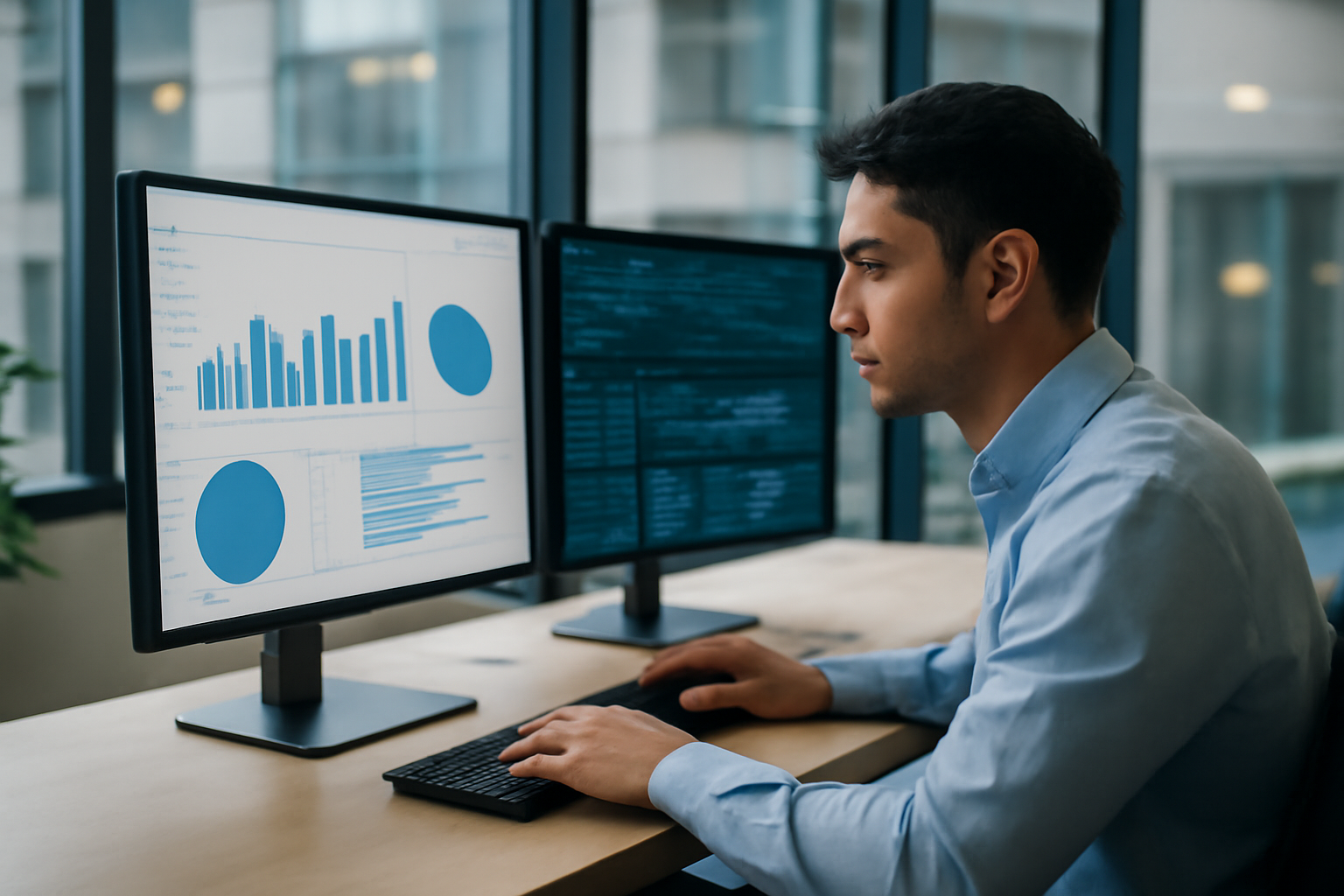 Représentation visuelle d’un analyste de données utilisant un ordinateur avec des écrans montrant des graphiques et des flux de données, symbolisant l’analyse prédictive automatisée et l’intelligence artificielle.