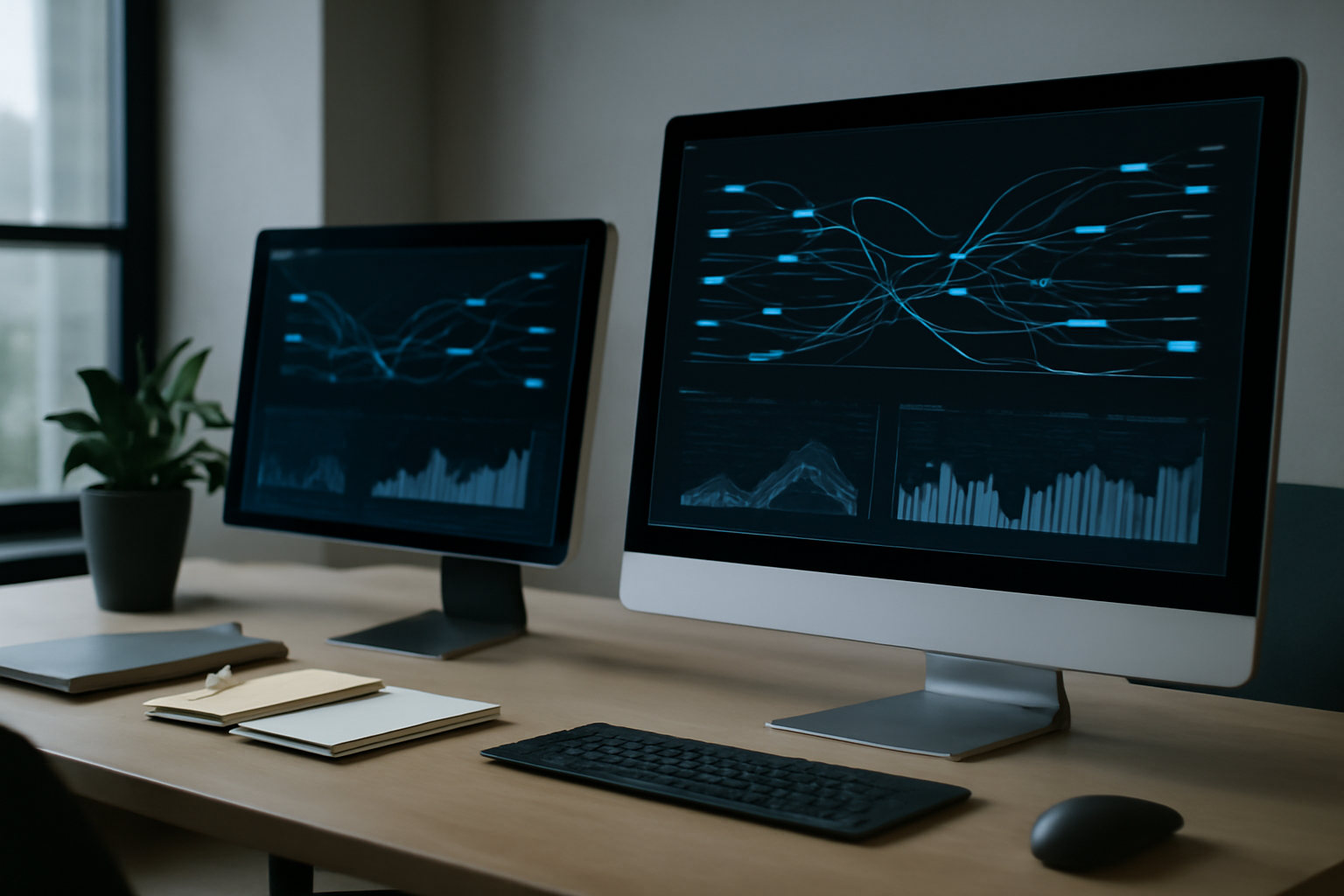 Une vue d'ensemble d'un poste de travail moderne avec un écran affichant des flux de données et des graphes analytiques, illustrant l'automatisation de l'analyse prédictive des tendances marché avec n8n et intelligence artificielle.