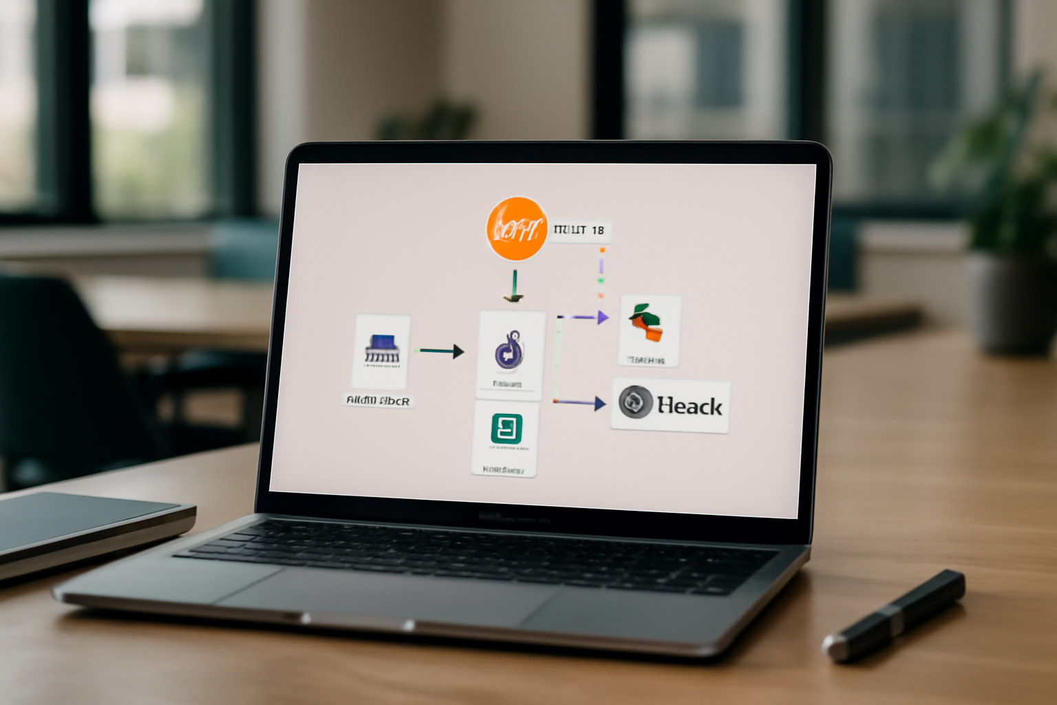 Schéma ou représentation visuelle d'un workflow automatisé incluant intégration d'IA, modules personnalisés et applications comme Slack, Google Sheets, OpenAI dans un bureau moderne.