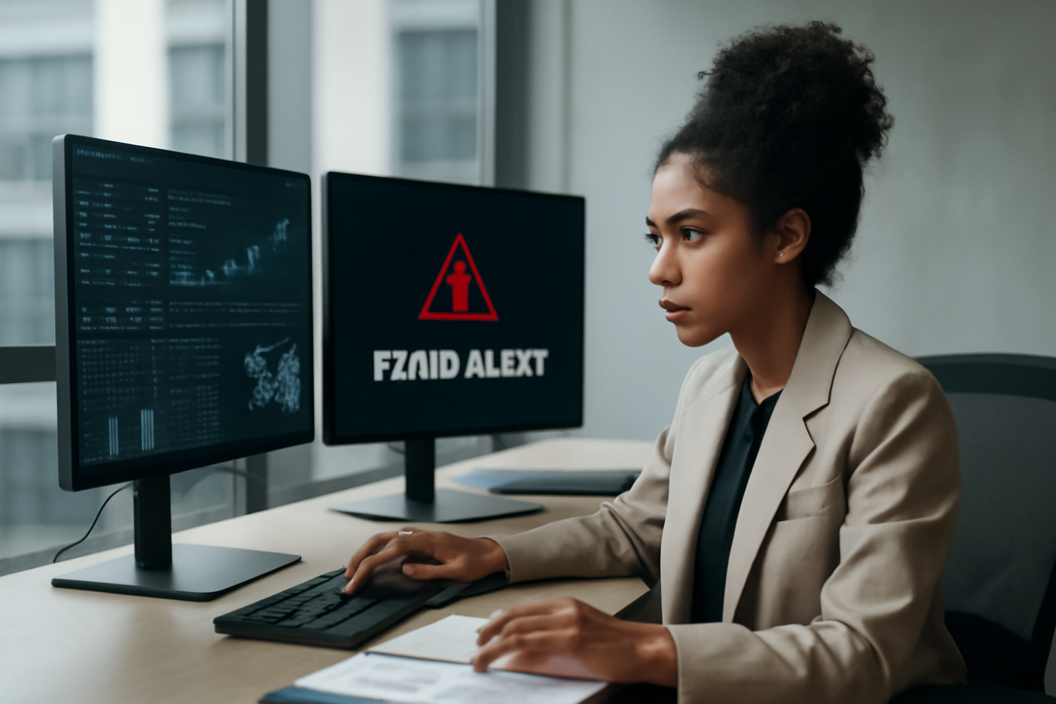 Un professionnel travaillant sur des écrans affichant des données financières et des alertes de fraude, dans un environnement de bureau moderne et technologique.
