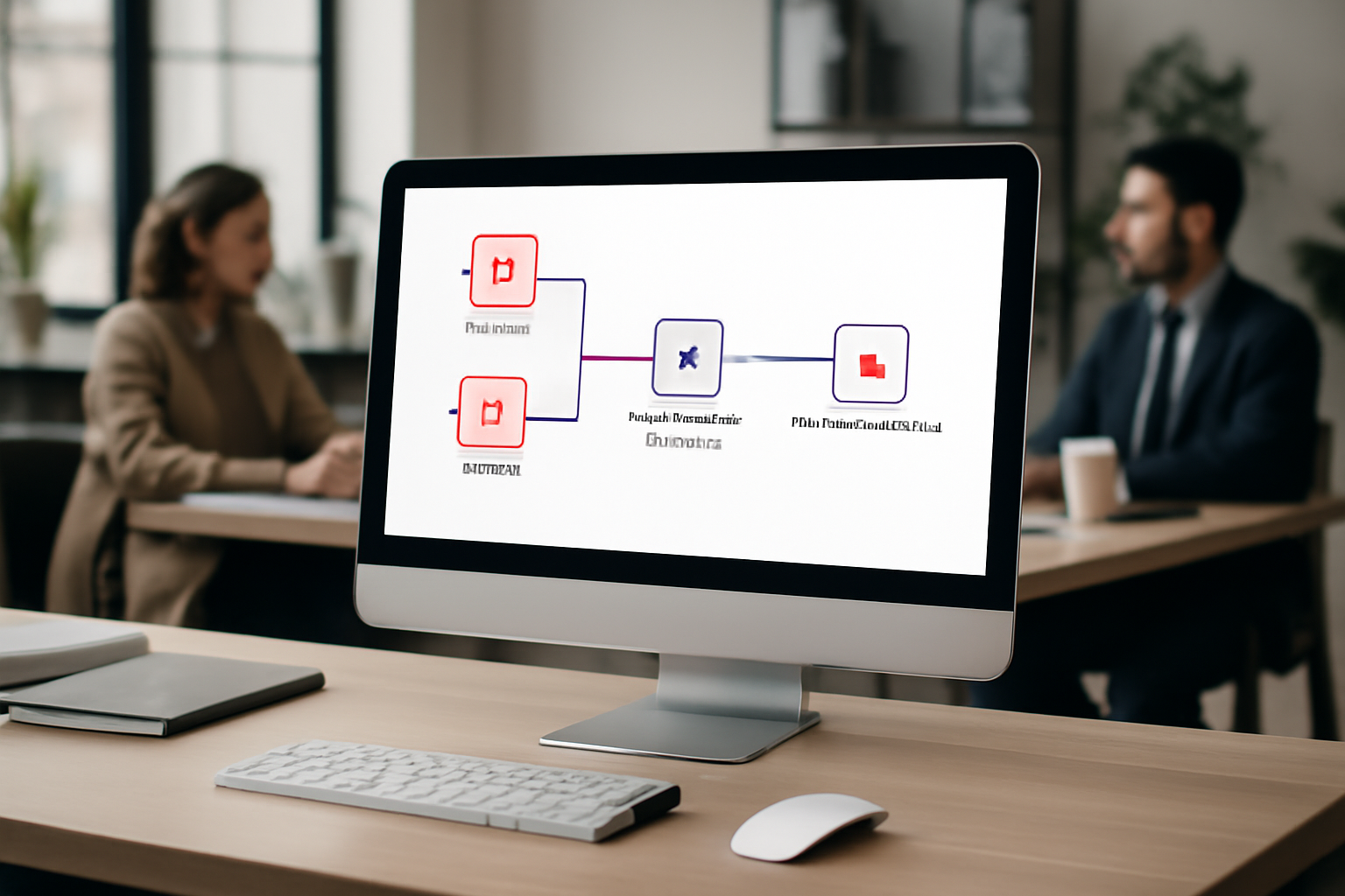 Représentation graphique professionnelle d'un workflow automatisé combinant n8n et IA pour gérer les données et optimiser les stocks saisonniers dans un bureau technologique.