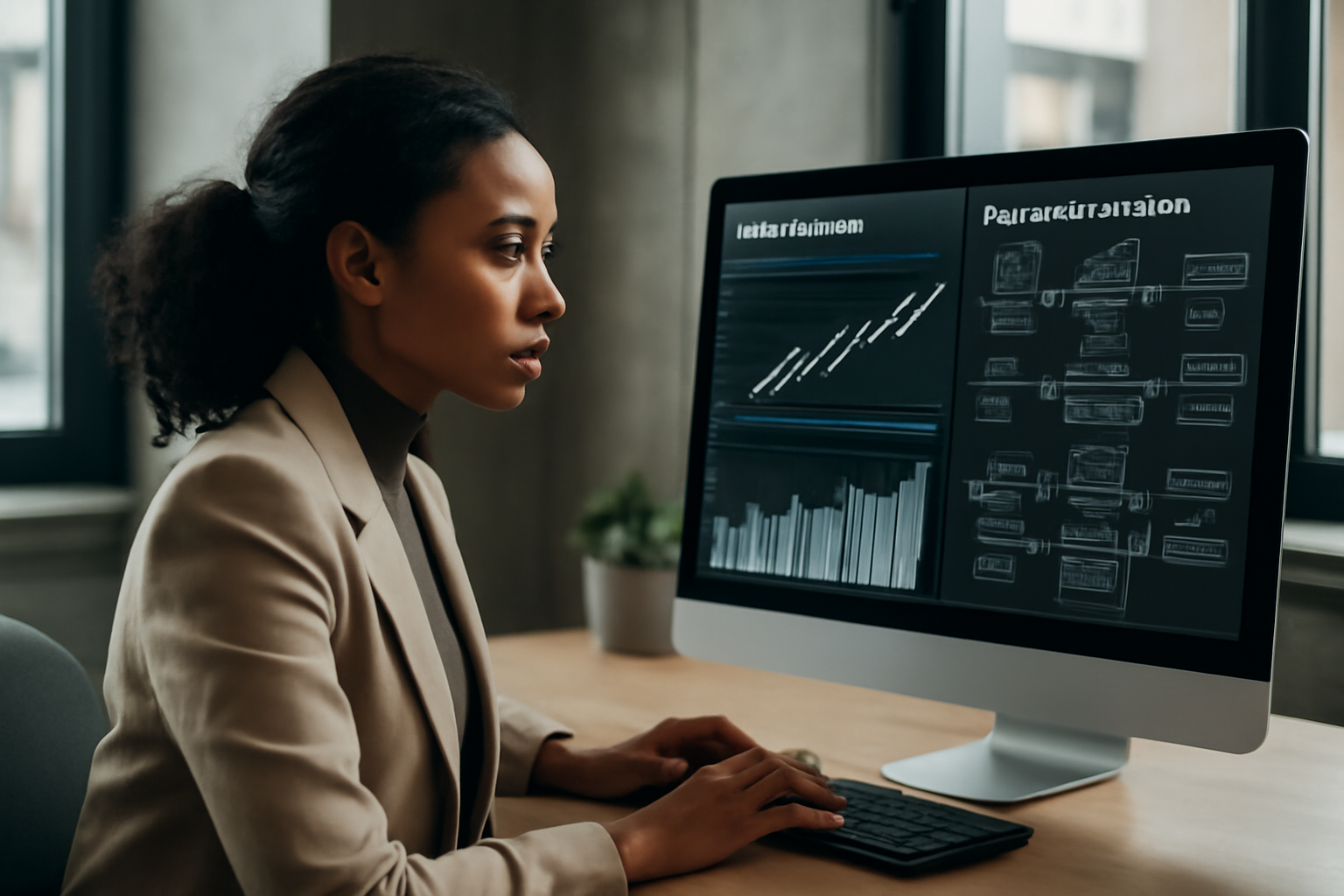 Un expert en transformation digitale travaillant sur un écran avec des graphiques de prédiction des ventes et des flux de données automatisés en arrière-plan.