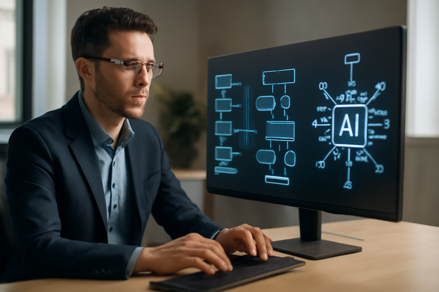 Illustration montrant un expert en automatisation des tâches administratives utilisant un ordinateur avec des représentations visuelles de workflows numériques et d'intégrations IA.