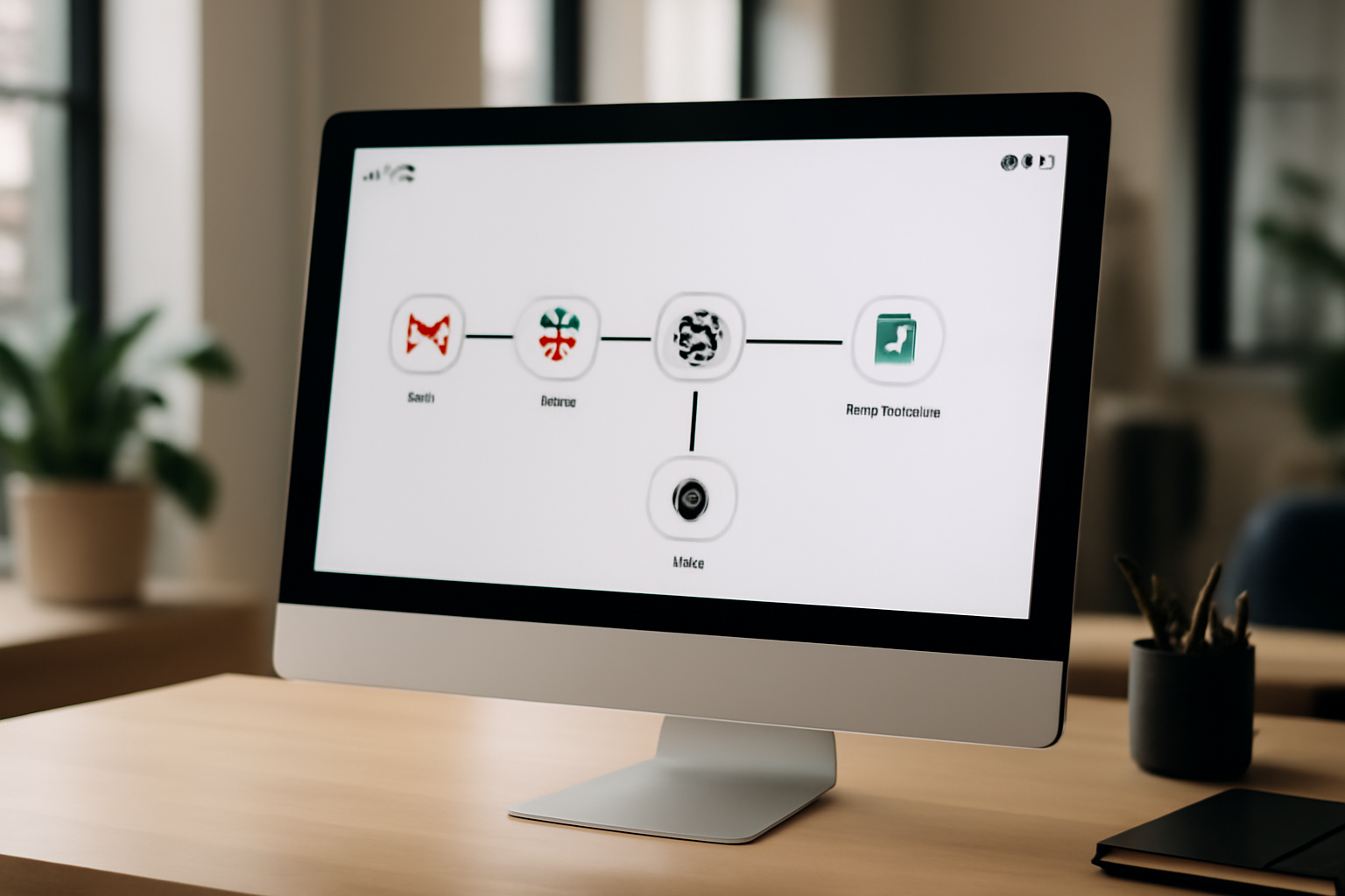 Interface utilisateur montrant un workflow personnalisé d'automatisation sur n8n, intégrant des outils comme Gmail, Slack, Google Sheets, avec des icônes d'intelligence artificielle symbolisant l'IA intégrée dans le processus.