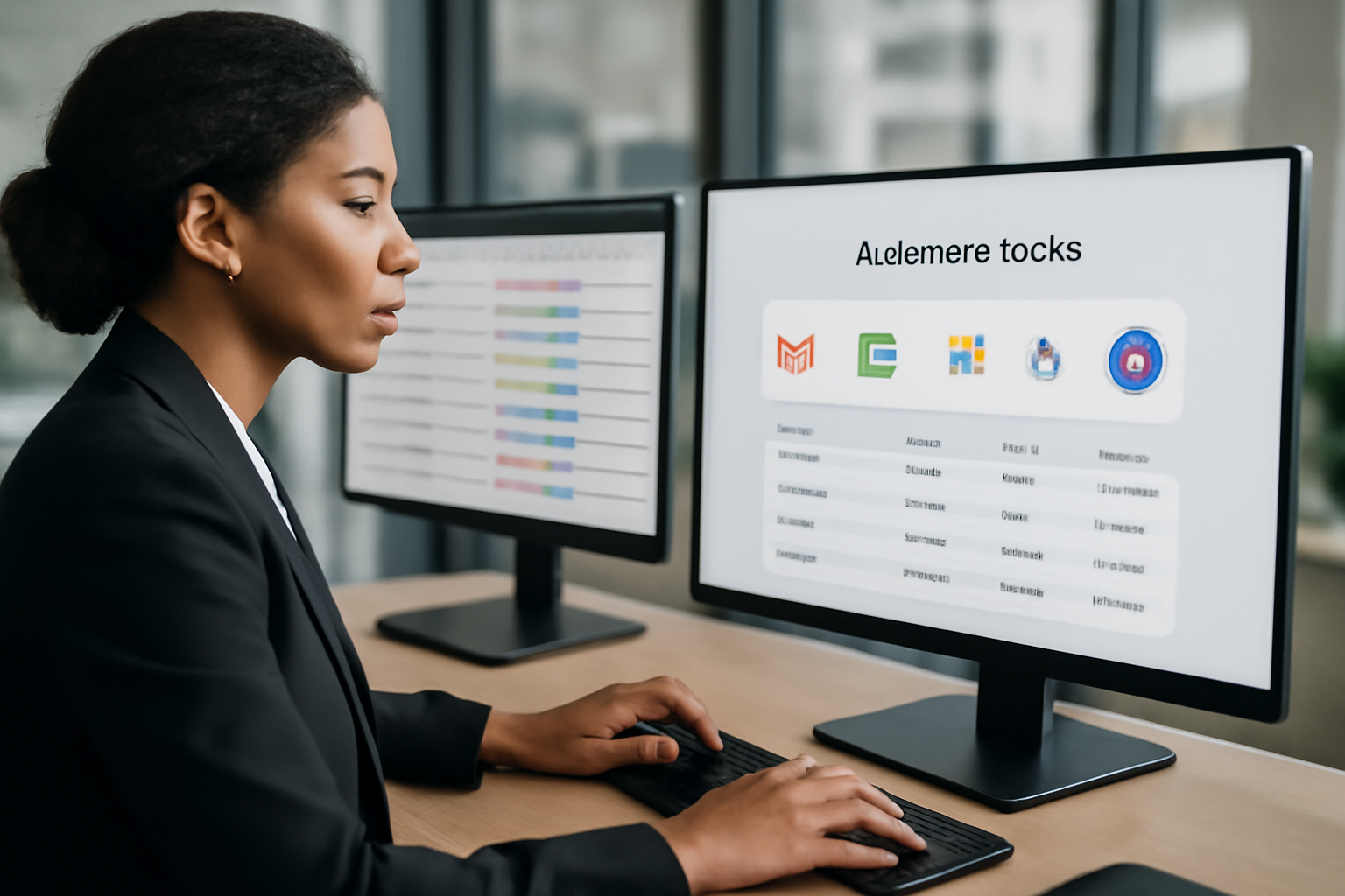 Illustration d'un professionnel automatisant des tâches administratives sur un ordinateur avec des écrans montrant des tableaux de workflow et des intégrations d'outils comme Gmail, Google Sheets, Slack et IA